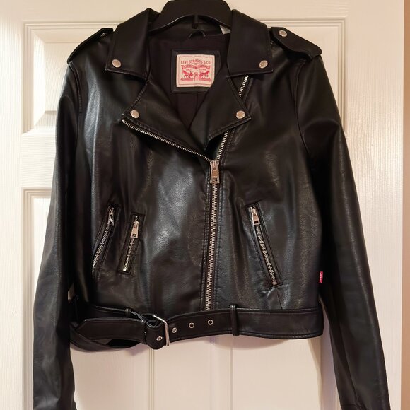 Women's Levi Strauss Levi's Black Polyurethane (Vegan) Belted Jacket Sz L EUC - Picture 1 of 11